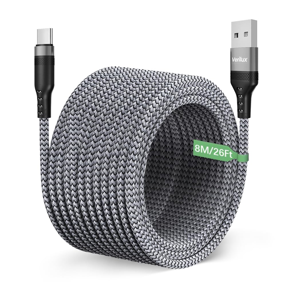Verilux 8M/26Ft Type C Charging Cable, 10W Charging Cable Ultra Long TYPE C Charging Cable Data Cable Compatible with Phone, Tablet, PS5 & More C Type Devices, Grey Verilux 8M/26Ft Type C Charging Cable, 10W Charging Cable Ultra Long TYPE C Charging Cable Data Cable Compatible with Phone, Tablet, PS5 & More C Type Devices, Grey